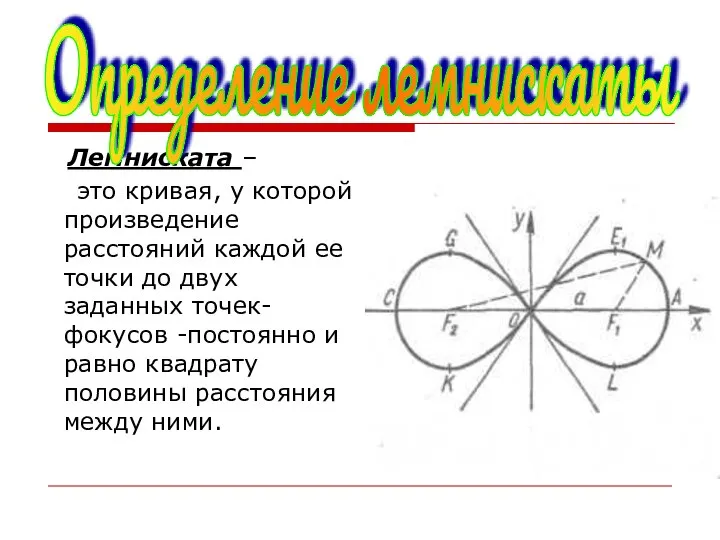 Лемниската – это кривая, у которой произведение расстояний каждой ее точки