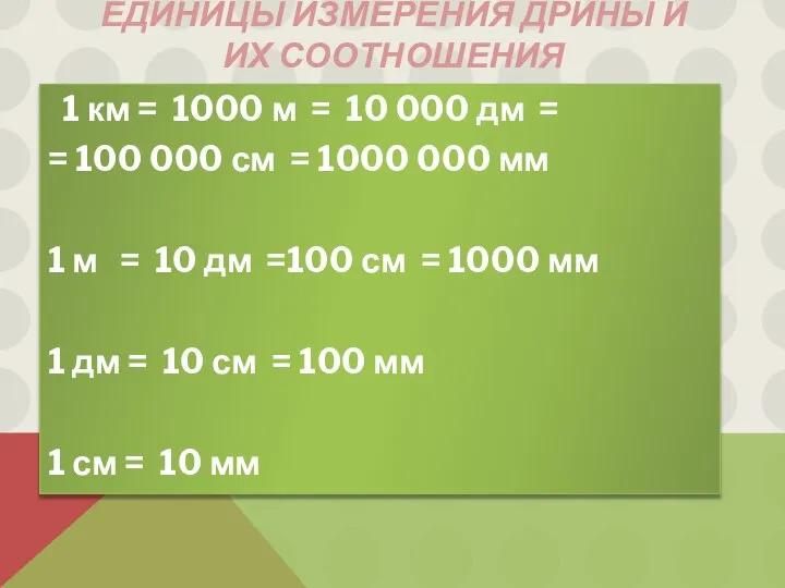 Единицы измерения дрины и их соотношения 1 км = 1000 м