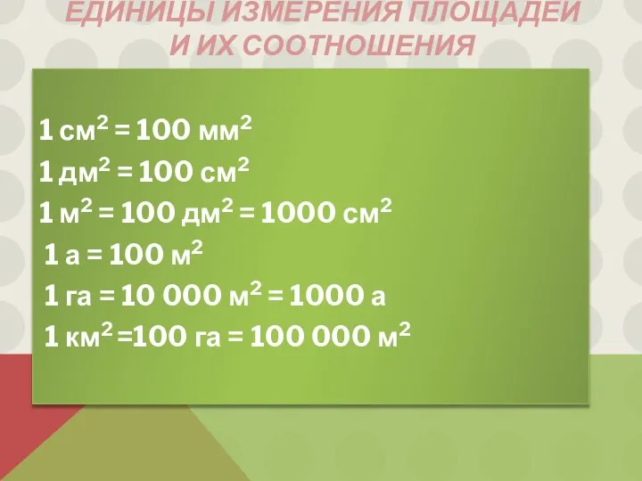 Единицы измерения площадей и их соотношения 1 см2 = 100 мм2