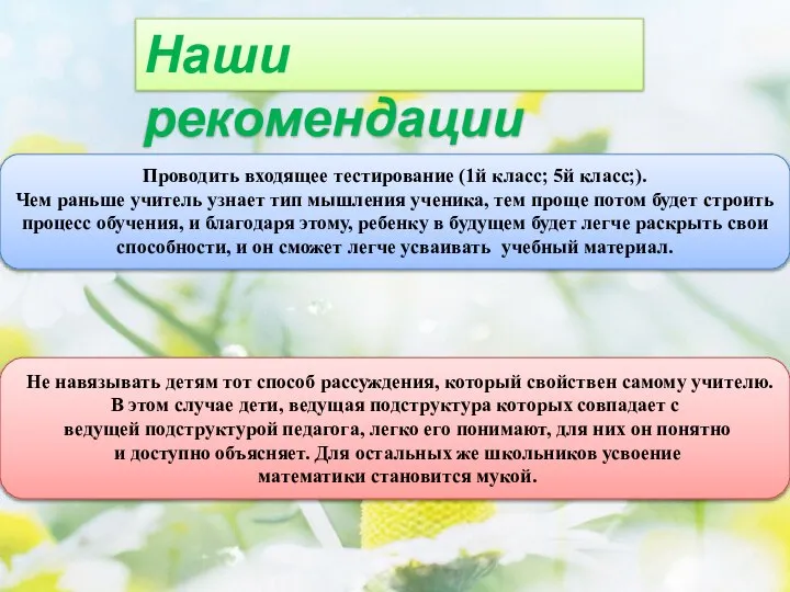 Наши рекомендации Проводить входящее тестирование (1й класс; 5й класс;). Чем раньше