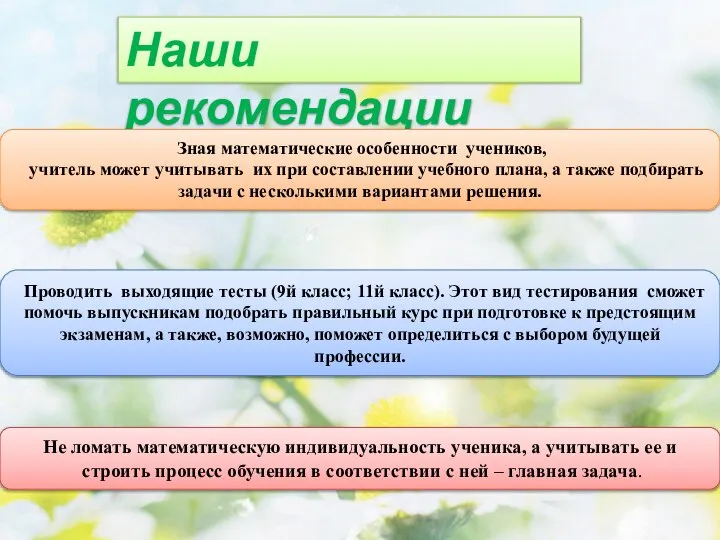 Наши рекомендации Проводить выходящие тесты (9й класс; 11й класс). Этот вид