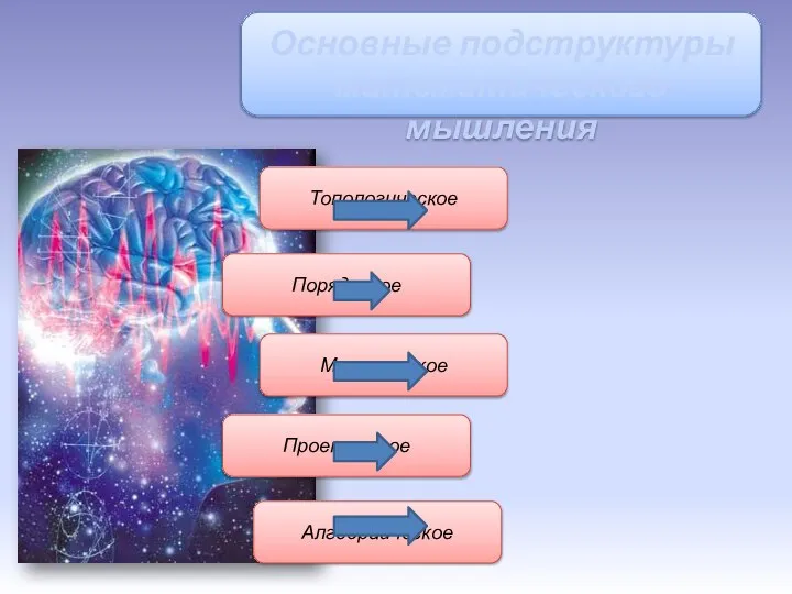 Основные подструктуры математического мышления Топологическое Порядковое Метрическое Проективное Алгебраическое