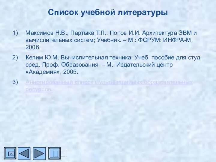 Список учебной литературы Максимов Н.В., Партыка Т.Л., Попов И.И. Архитектура ЭВМ