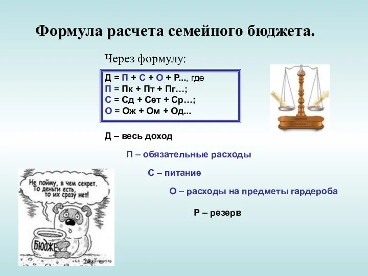 Формула расчета семейного бюджета. Д = П + С + О