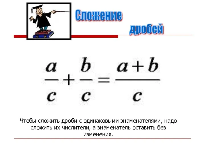 дробей Сложение Чтобы сложить дроби с одинаковыми знаменателями, надо сложить их