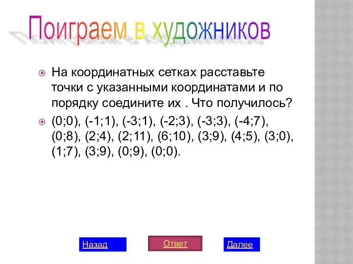 На координатных сетках расставьте точки с указанными координатами и по порядку