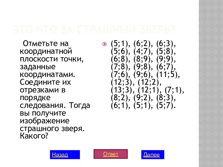 ЭТО ЧТО ЗА СТРАШНЫЙ ЗВЕРЬ? Отметьте на координатной плоскости точки, заданные