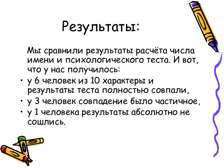 Результаты: Мы сравнили результаты расчёта числа имени и психологического теста. И