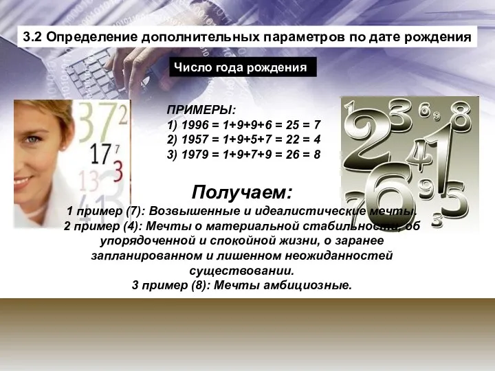 3.2 Определение дополнительных параметров по дате рождения ПРИМЕРЫ: 1) 1996 =