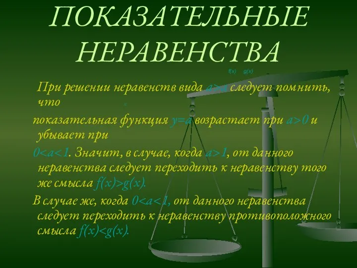 ПОКАЗАТЕЛЬНЫЕ НЕРАВЕНСТВА f(x) g(x) При решении неравенств вида а>а следует помнить,