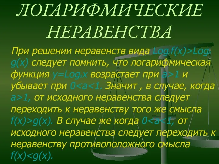 ЛОГАРИФМИЧЕСКИЕ НЕРАВЕНСТВА При решении неравенств вида Logaf(x)>Loga g(x) следует помнить, что