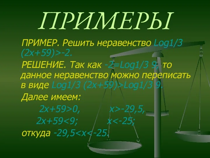 ПРИМЕРЫ ПРИМЕР. Решить неравенство Log1/3 (2x+59)>-2. РЕШЕНИЕ. Так как -2=Log1/3 9,