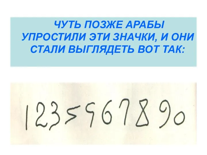 ЧУТЬ ПОЗЖЕ АРАБЫ УПРОСТИЛИ ЭТИ ЗНАЧКИ, И ОНИ СТАЛИ ВЫГЛЯДЕТЬ ВОТ ТАК: