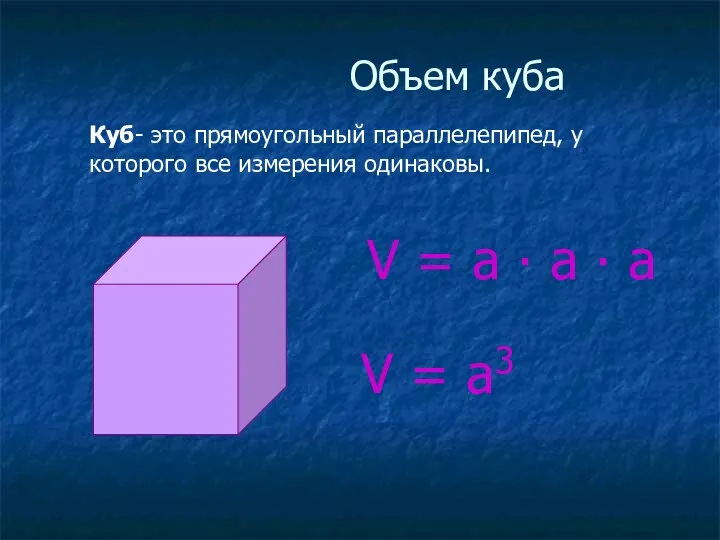 Объем куба Куб- это прямоугольный параллелепипед, у которого все измерения одинаковы.