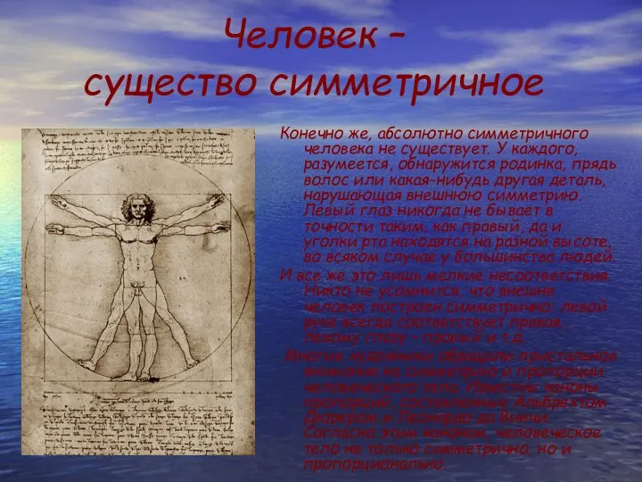 Человек – существо симметричное Конечно же, абсолютно симметричного человека не существует.