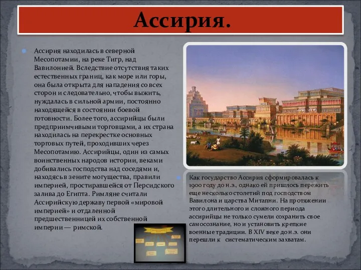 Ассирия. Ассирия находилась в северной Месопотамии, на реке Тигр, над Вавилонией.