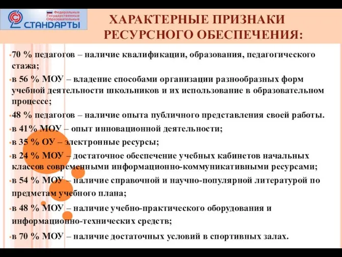 70 % педагогов – наличие квалификации, образования, педагогического стажа; в 56