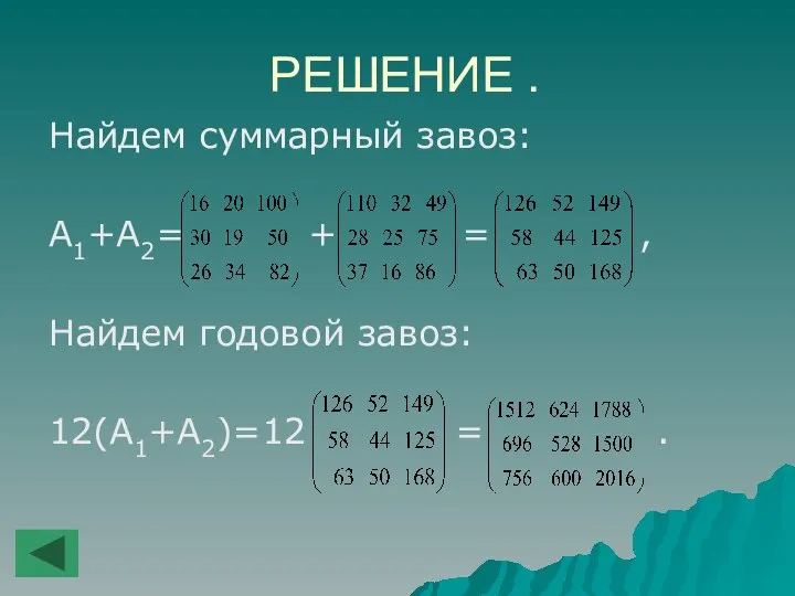 РЕШЕНИЕ . Найдем суммарный завоз: A1+A2= + = , Найдем годовой завоз: 12(A1+A2)=12 = .