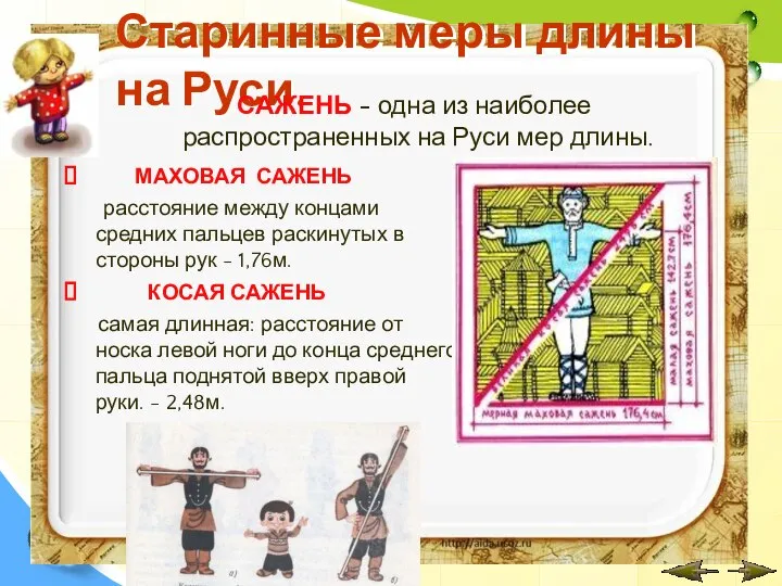 Старинные меры длины на Руси. МАХОВАЯ САЖЕНЬ расстояние между концами средних