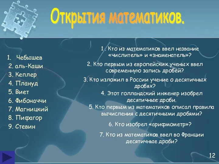 Открытия математиков. Чебышев 1 . Кто из математиков ввел название «числитель»