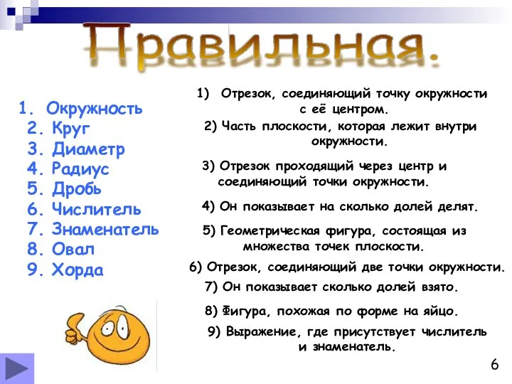 Правильная. Окружность Отрезок, соединяющий точку окружности с её центром. 2) Часть