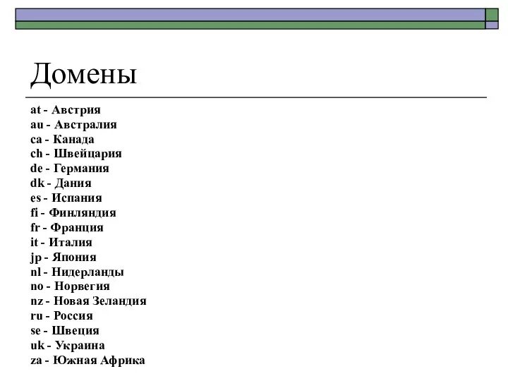 Домены at - Австрия au - Австралия ca - Канада ch