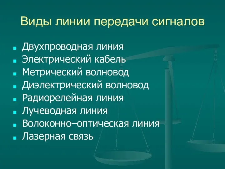 Виды линии передачи сигналов Двухпроводная линия Электрический кабель Метрический волновод Диэлектрический