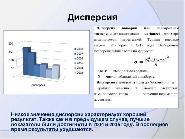 Дисперсия Низкое значение дисперсии характеризует хороший результат. Также как и в