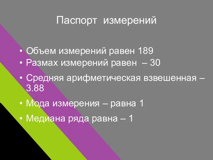 Паспорт измерений Объем измерений равен 189 Размах измерений равен – 30