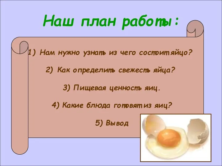 Наш план работы: Нам нужно узнать из чего состоит яйцо? Как