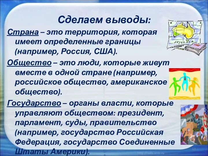 Сделаем выводы: Страна – это территория, которая имеет определенные границы (например,