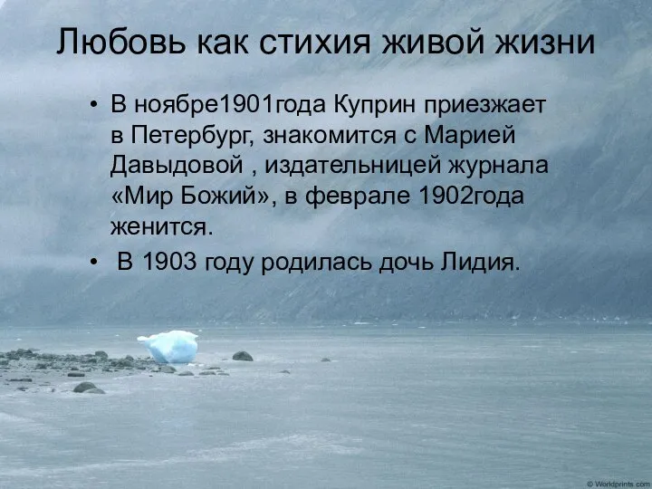 Любовь как стихия живой жизни В ноябре1901года Куприн приезжает в Петербург,