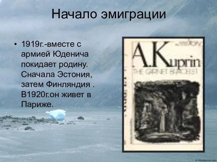 Начало эмиграции 1919г.-вместе с армией Юденича покидает родину. Сначала Эстония, затем Финляндия .В1920г.он живет в Париже.