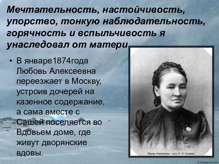 Мечтательность, настойчивость, упорство, тонкую наблюдательность, горячность и вспыльчивость я унаследовал от