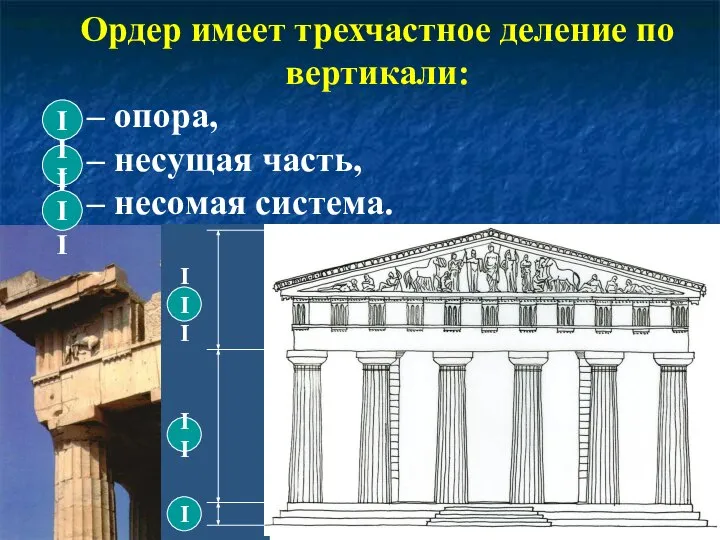 Ордер имеет трехчастное деление по вертикали: – опора, – несущая часть,