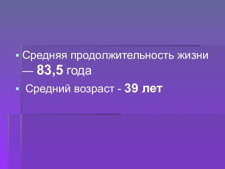 Средняя продолжительность жизни — 83,5 года Средний возраст - 39 лет