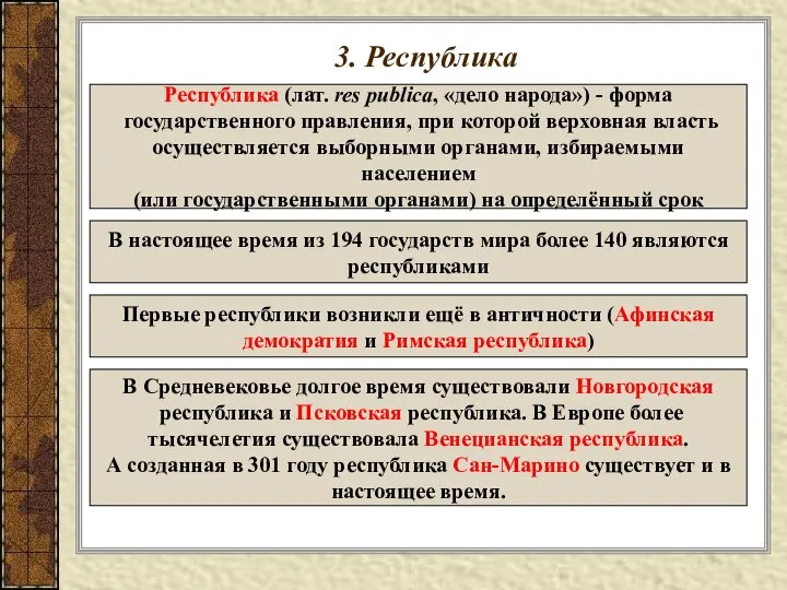 3. Республика Республика (лат. res publica, «дело народа») - форма государственного