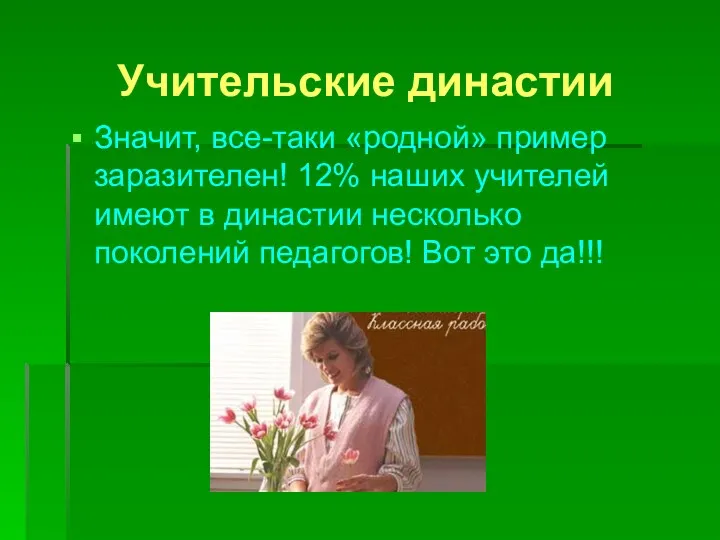 Учительские династии Значит, все-таки «родной» пример заразителен! 12% наших учителей имеют