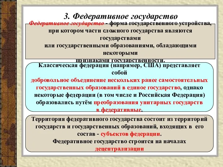 3. Федеративное государство Федеративное государство - форма государственного устройства, при котором