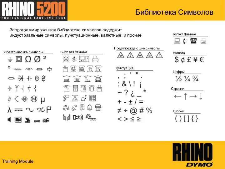 Библиотека Символов Запрограммированная библиотека символов содержит индустриальные символы, пунктуационные, валютные и