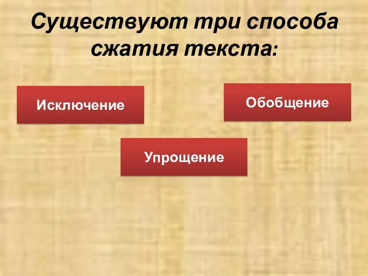 Существуют три способа сжатия текста: Исключение Обобщение Упрощение