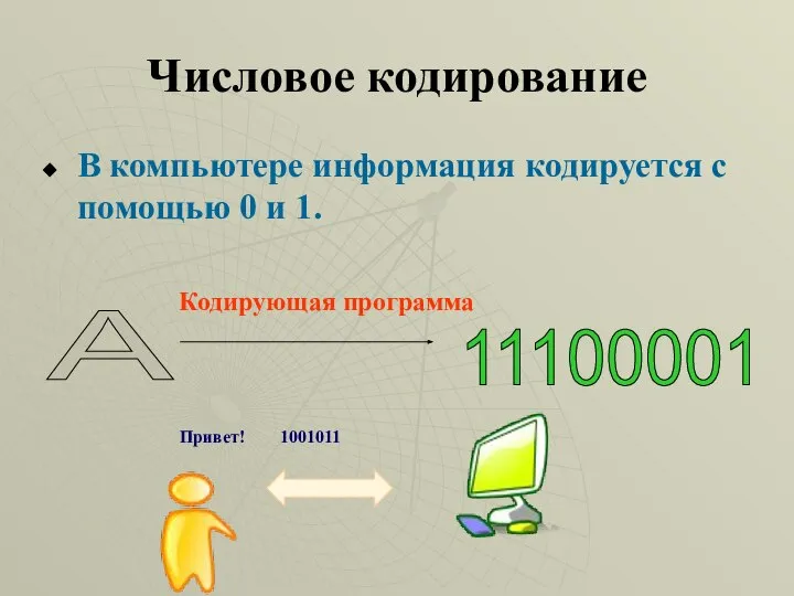 Числовое кодирование В компьютере информация кодируется с помощью 0 и 1.