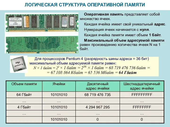 ЛОГИЧЕСКАЯ СТРУКТУРА ОПЕРАТИВНОЙ ПАМЯТИ Оперативная память представляет собой множество ячеек. Каждая