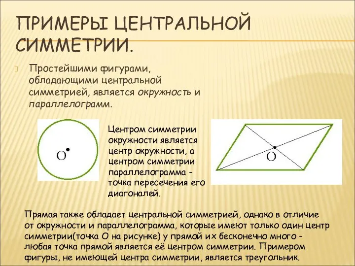 ПРИМЕРЫ ЦЕНТРАЛЬНОЙ СИММЕТРИИ. Простейшими фигурами, обладающими центральной симметрией, является окружность и