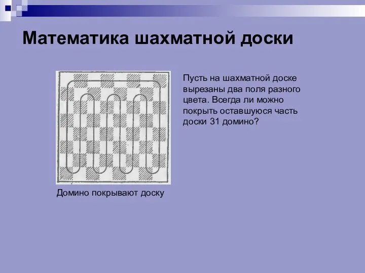 Математика шахматной доски Домино покрывают доску Пусть на шахматной доске вырезаны