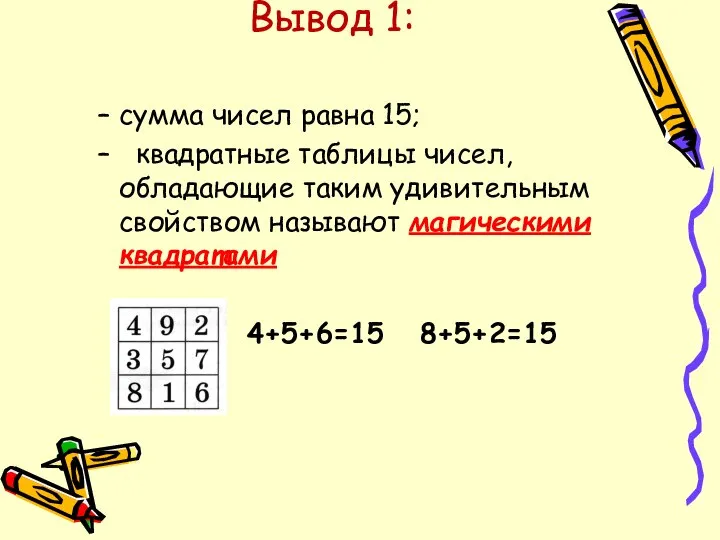 Вывод 1: сумма чисел равна 15; квадратные таблицы чисел, обладающие таким