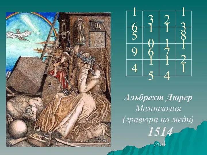 Альбрехт Дюрер Меланхолия (гравюра на меди) 1514 год 16 3 2