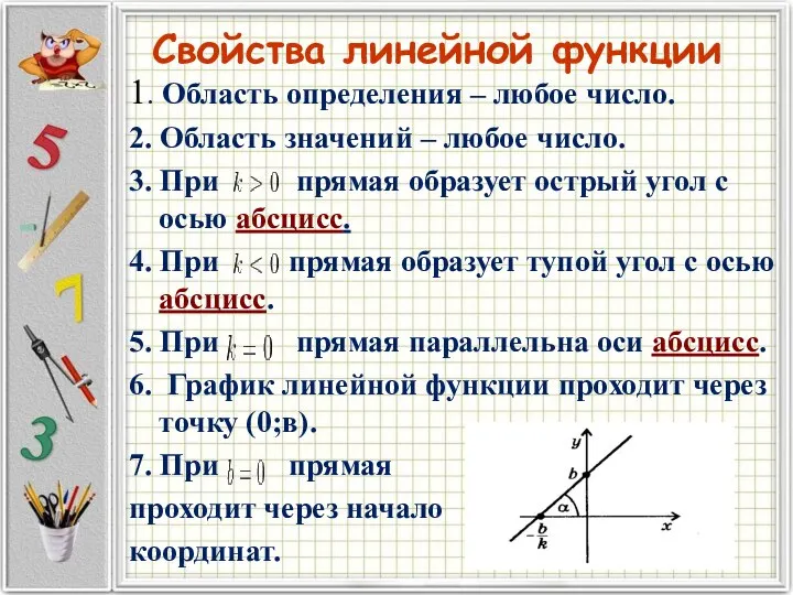 Свойства линейной функции 1. Область определения – любое число. 2. Область