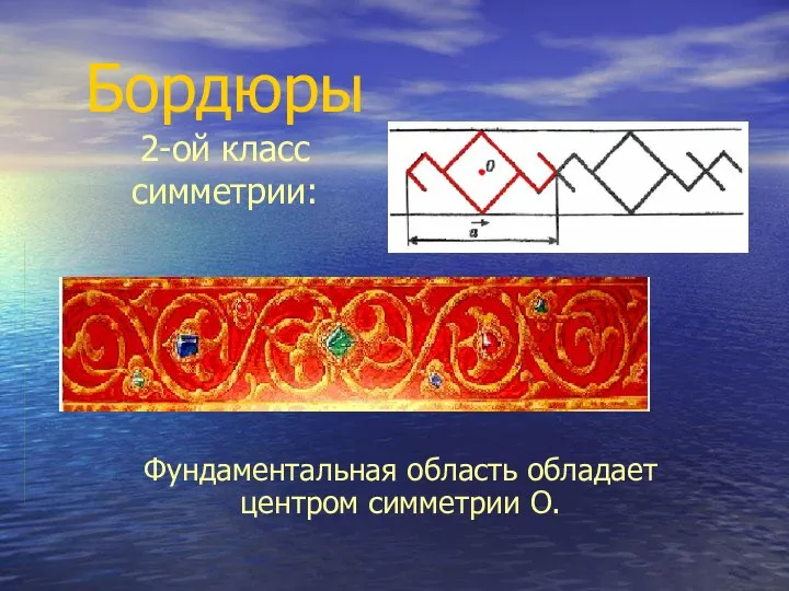 Бордюры 2-ой класс симметрии: Фундаментальная область обладает центром симметрии О.