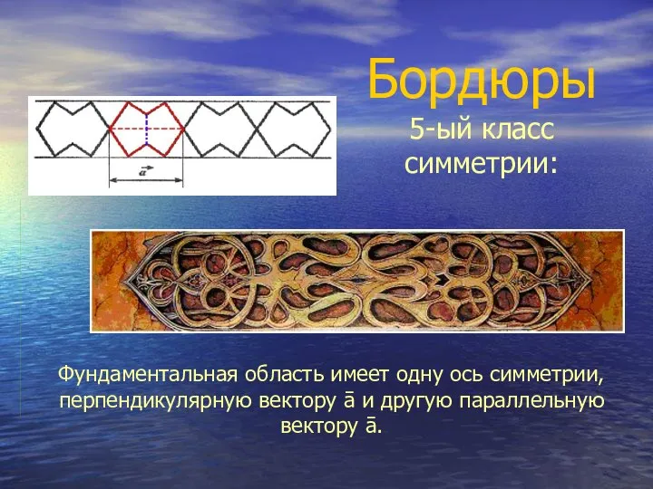 Бордюры 5-ый класс симметрии: Фундаментальная область имеет одну ось симметрии, перпендикулярную